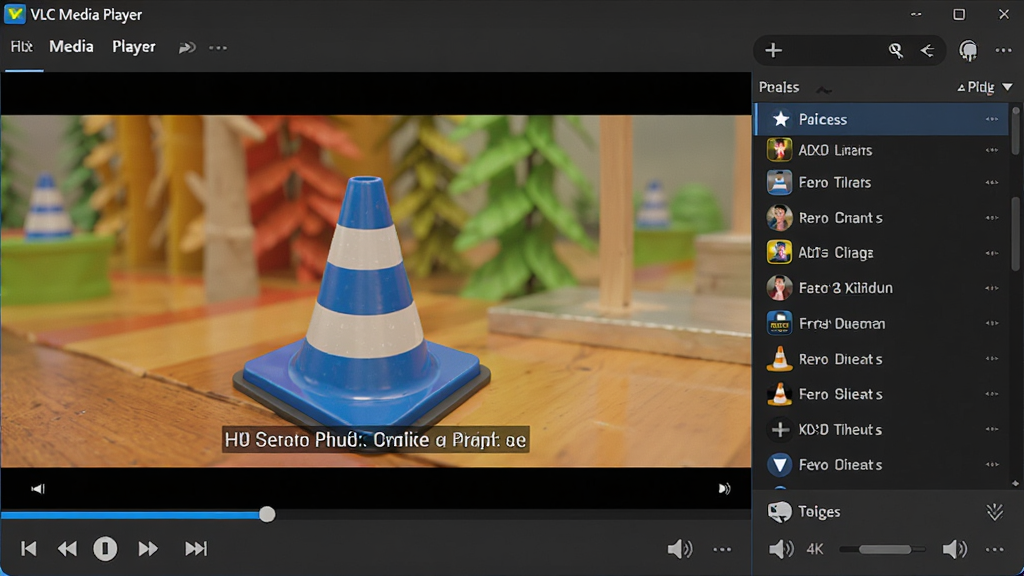 ���壺VLC Media Player �����������棬չʾ����Ĳ��ſ���������ɫ��ͨ׶ͼ�ꡣ���֣����������ʾ�������б����Ҳ࣬����Ϊ���ɫ�����Ű棺����Ԫ���������˵����������б����������Ƶ�ģ�����������ִ���ƽ����ƣ���������ʵ�ʷ��ϸ�ڣ����������ڲ���һ�θ�����Ƶ������ɫ�����ޣ���Ļ��ʾ���������ʣ�4K ���壬�ɾ��޶���Ԫ�ء�