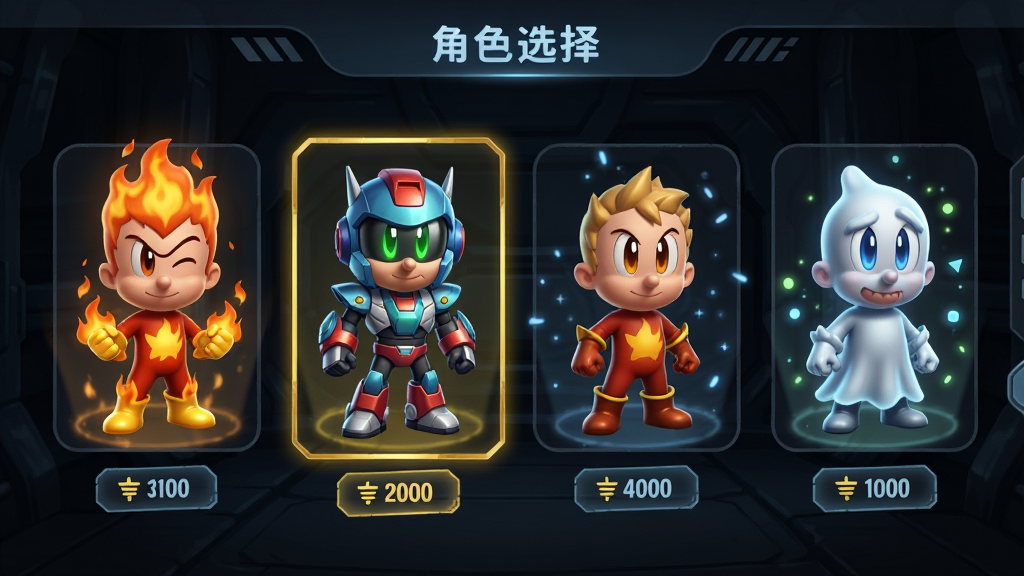 ���壺��ɫѡ����棬չʾ�����ͬ���͵�����С��Ƥ���������װ������װ������װ�����֣���ɫһ���ſ���ÿ����ɫ�·��м۸��ǩ������Ϊ��ɫ�Ƽ��пռ䣻�Ű棺�������룬ѡ�н�ɫ�н�ɫ�߿򣻷��UI��ƾ��£�ͼ��Բ��ϸ�ڣ�ÿ����ɫ�ж��صĹ�ӰЧ����������Ч�����ʣ�������Ⱦ���ɾ��޶���Ԫ��