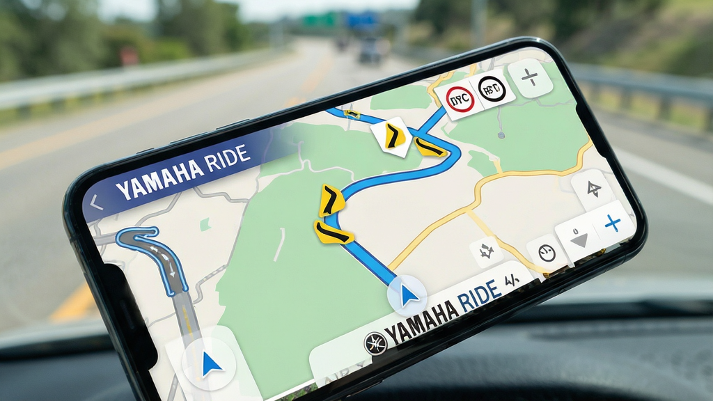 ���壺�ֻ���Ļ��ʾYAMAHA RIDE�������棬��ͼ�ϱ�ע���������ͼ�ꡣ���֣��ֻ���бչʾ������Ϊģ���Ĺ�·ʵ�����Ű棺��ͼ·����������Ϣ�㼶���������ʵ����Ƽ��ںϣ�ɫ��������ϸ�ڣ���Ļ���С�YAMAHA RIDE��������·��Ϊ��ɫ���������Ԥ��Ϊ��ɫͼ�ꡣ���ʣ��������ȣ��޶���Ԫ�ء�