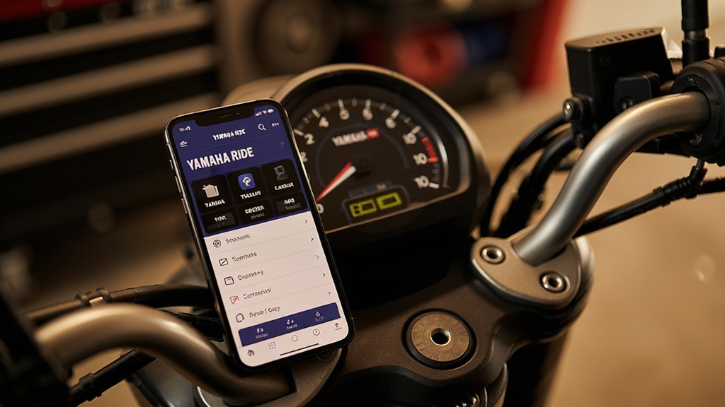���壺һ���ֻ�����Ħ�г��Ǳ����Աߣ���Ļ��ʾYAMAHA RIDEӦ�õ������档���֣��ֻ����Ǳ��̲��ţ�����Ϊ���⻷�����Ű棺����ͻ����������͡������ʵ��Ӱ�У�ɫ��ƫů��ϸ�ڣ���Ļ���С�YAMAHA RIDE���������Ǳ�����ʾת�١����ʣ����壬�ɾ���
