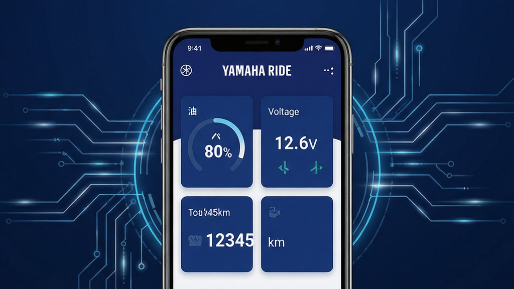 ���壺�����ֻ���Ļ��ʾYAMAHA RIDEӦ�õĳ������棬������������ѹ����̵����ݿ�Ƭ�����֣��ֻ����У���Χ�м��ĿƼ�������װ�Ρ��Ű棺����UI�����������������룬ɫ�����������ɫΪ������񣺱�ƽ����ƣ��ִ���ǿ��ϸ�ڣ���Ļ���С�YAMAHA RIDE����ʶ��������ʾΪ80%����ѹ12.6V�������12345km�����ʣ�������Ⱦ���ɾ������