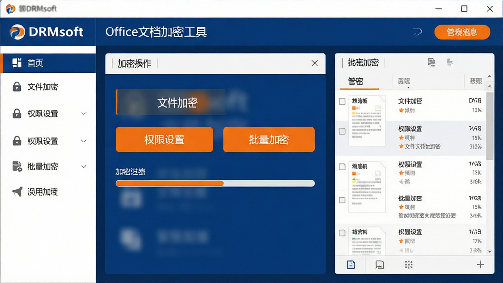 ���壺DRMsoft Office�ĵ����ܹ�����������չʾ��������ʾ���ܲ��������ڣ���๦�ܵ����������ɼ����Ҳ�Ϊ�ĵ��б�Ԥ���������֣����½ṹ���Ϸ�Ϊ����Logo�ͱ��������·�Ϊ������������Գƾ��⡣�Ű棺�������ı�ƽ����ƣ�����ͼ��������У����ֱ�ע����������ִ�����Ƽ��У�������ɫ�Ͱ�ɫΪ��ɫ������׺��ɫ������ť��ϸ�ڣ�������ͻ����ʾ���ļ����ܡ�����Ȩ�����á������������ܡ��Ⱥ��Ĺ��ܰ�ť����չʾ���ܽ����������ʣ�������Ⱦ��ϸ�ڷḻ���ɾ����࣬�޶���Ԫ�ء�