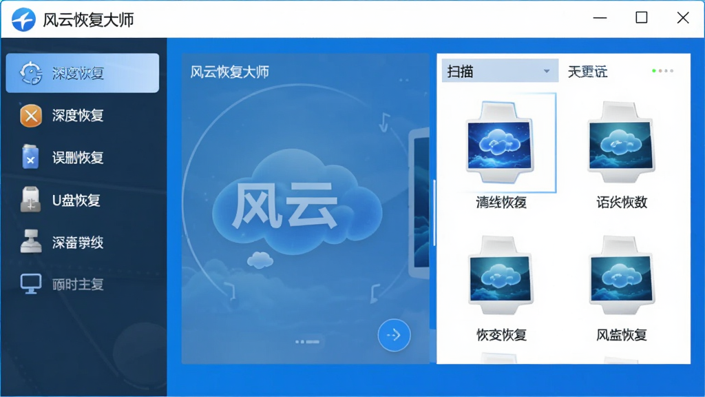 ͼƬչʾ���ƻָ���ʦ�����棬��๦���б���������Ȼָ���������ɾ�ָ�������U�ָ̻�����ѡ�����Ϊɨ��������ļ�Ԥ���������岼�������ִ�������������ɫ��������ɾ����࣬���ʸ��壬�޶���Ԫ�أ�ͼƬ����ʾ�����ƻָ���ʦ������