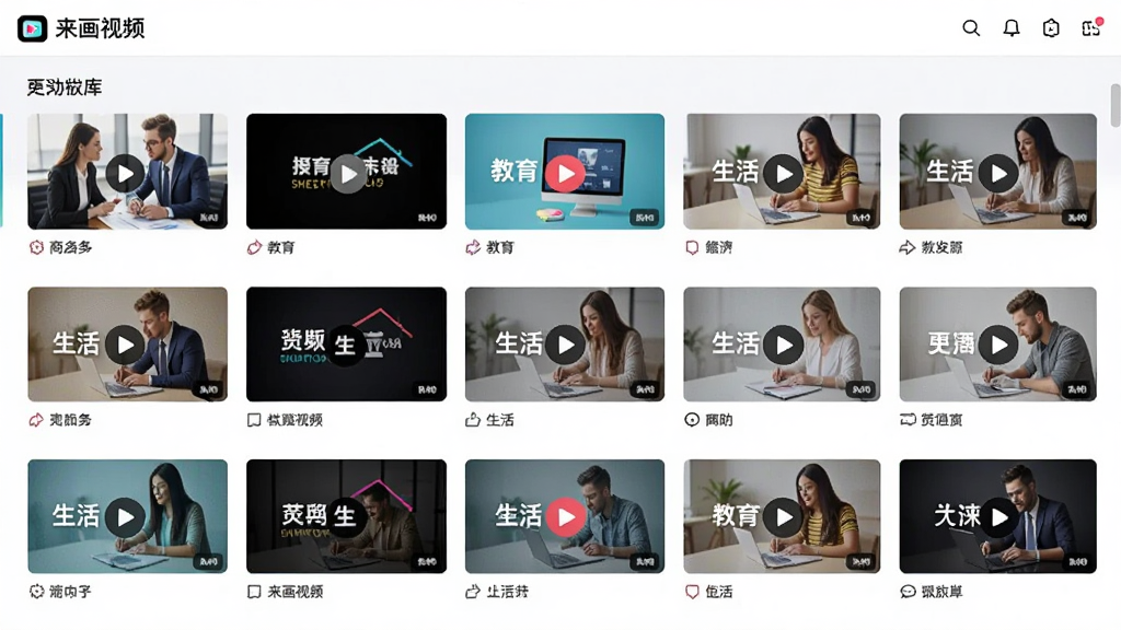 一张展示“来画视频”模板库界面的截图,屏幕上整齐排列着各种风格的视频模板缩略图,包含商务、教育、生活等分类,每个模板都有精美的预览封面,界面设计简洁,色彩鲜艳,高清画质,干净无多余元素,重点突出模板的丰富多样性。
