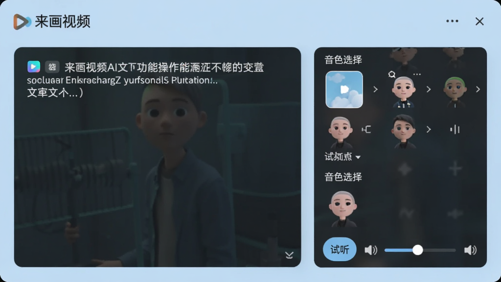一张“来画视频”AI配音功能的操作界面,左侧是文字输入框,右侧是音色选择列表,下方有试听按钮和音量调节滑块,背景为淡蓝色,界面清晰,画质细腻,整体风格简洁明了,无多余元素。
