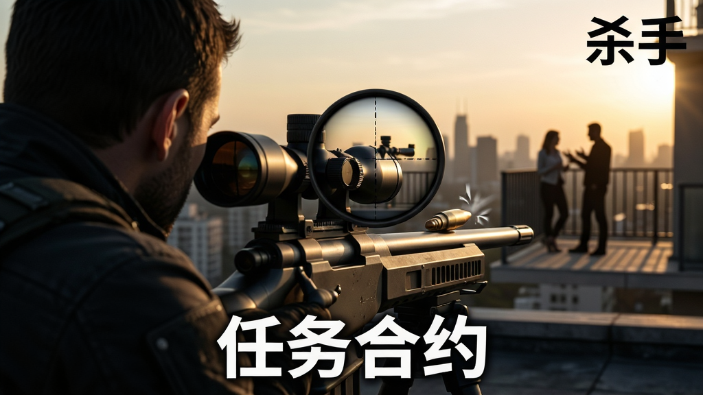 ���壺ɱ����¥����̨����ѻ���ǹ����׼���п���Զ��Ŀ������������̨�Ͻ�̸�����֣�ɱ�ֱ�Ӱλ��ǰ����࣬��׼���ӽ��ڻ������룬Զ������������ڱ����С��Ű棺����ײ������ô����ֱ�ע�������Լ�������Ͻ���ʾ��ɱ�֡�����񣺻ƻ�ɫ����дʵ�������Ӱ��ϸ�ڣ���׼�����⡢�ӵ����ŵĽ������С�Զ��Ŀ���������������ʣ�8K������Ч����ɫ���ɾ��޶���Ԫ�ء�