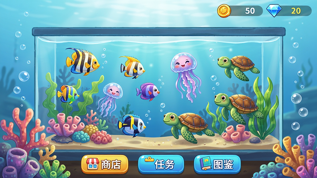 ���壺����ˮ������Ϸ�����棬չʾһ��ɫ�ʰ�쵡�������Ȼ������ˮ���䣬�����ζ��Ÿ�����̬������ȴ��㡢ˮĸ�ͺ��꣬ˮ����ˮ��ҡҷ�����֣�����������һ�����͵Ĳ���ˮ���䣬ǰ����ɺ���������ݣ������ǵ���ɫ�ĺ�ˮ����͵Ĺ��ߡ��Ű棺��ϷUI�������ײ��С��̵ꡱ�������񡱡���ͼ�����Ȱ�ť�����Ͻ���ʾ��Һ���ʯ��������񣺿�ͨ�ֻ���ɫ���������ޣ�ϸ�ڷḻ�����ʸ���ϸ�塣ϸ�ڣ����۵Ĺ���ˮ�ݵ�͸���С�ˮ�ݵİڶ��������ɼ�������ɾ��޶���Ԫ�ء����ʣ�4K���壬��Ⱦϸ�壬����㡣