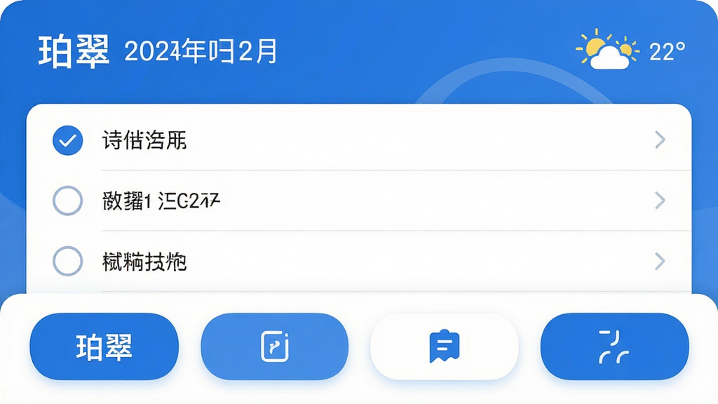 一张展示珀翠应用主界面的高清截图,界面以蓝白为主色调,顶部显示日期与天气,中部是待办清单列表,每条事项前有圆形勾选框,底部有四个功能按钮,整体风格简洁现代,卡片式布局,圆角设计,图标线条流畅,画质干净,无多余元素,图片中文字标注