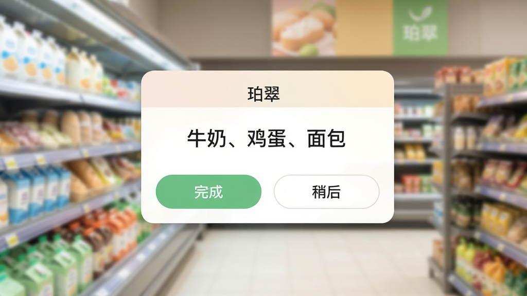一张珀翠智能提醒功能的界面截图,背景是模糊的超市货架,前景是悬浮的提醒卡片,卡片上写着