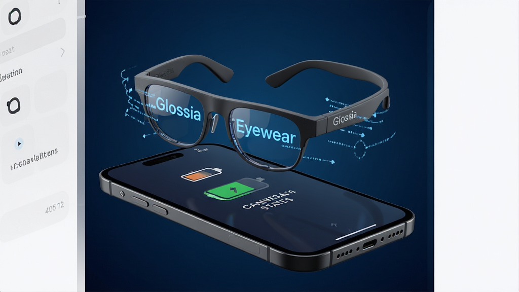 һ���ִ���Լ����3D��Ⱦͼ�������ǡ�Glossia Eyewear�������۾��������ֻ���Ļ�Ϸ����ֻ�������ʾ����������״̬�����־��У�����Ϊ����ɫ�Ƽ��н��䣬�Ű���ˬ��ϸ�ڰ����۾���Ƭ�����΢�����������������������ƫ�򼫼�Ƽ��磬����8K���壬�ɾ����޶���Ԫ��