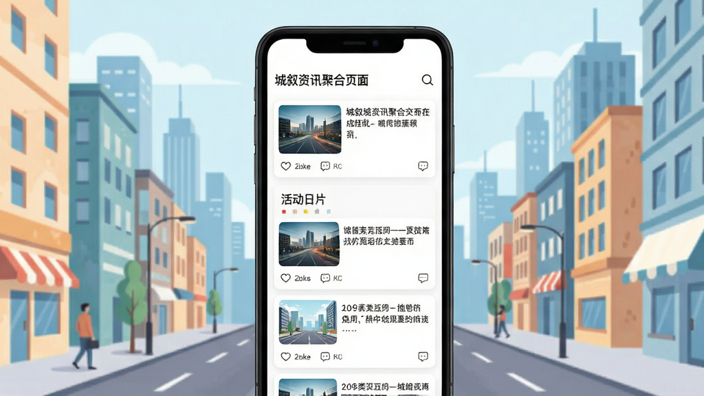 城叙资讯聚合页面,手机界面显示分类新闻卡片与活动日历,背景为城市街景插画,主体为信息流布局,排版整齐,风格简约现代,细节包括点赞评论图标,画质清晰,干净无多余元素