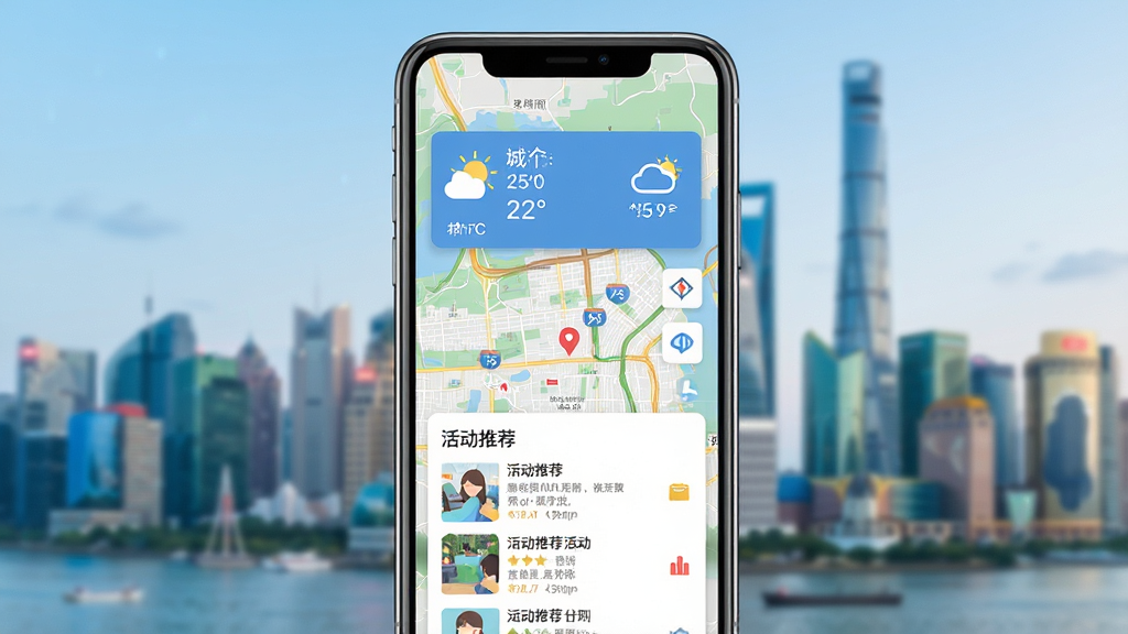 城叙应用主界面展示,手机屏幕内显示城市地图与资讯卡片,背景为模糊的城市天际线,主体突出,布局居中,排版清晰,扁平化设计风格,色彩明亮清新,细节包括天气组件、活动推荐列表,画质高清,干净无多余元素