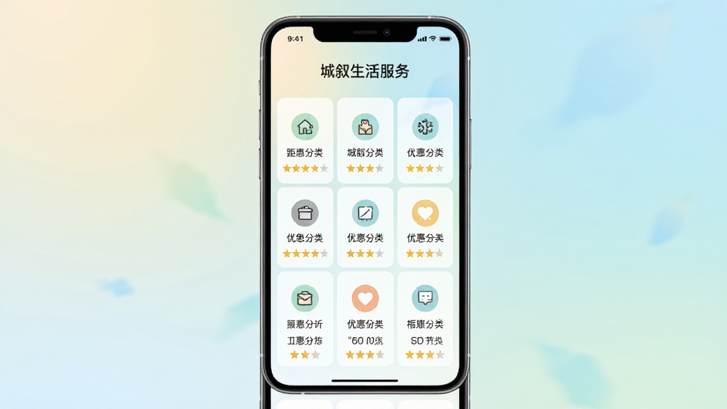 城叙生活服务页面,手机界面展示服务分类图标与优惠券,背景为柔和渐变,主体为九宫格布局,排版对称,风格清新,细节包括评分星级与距离标签,画质细腻,干净无多余元素