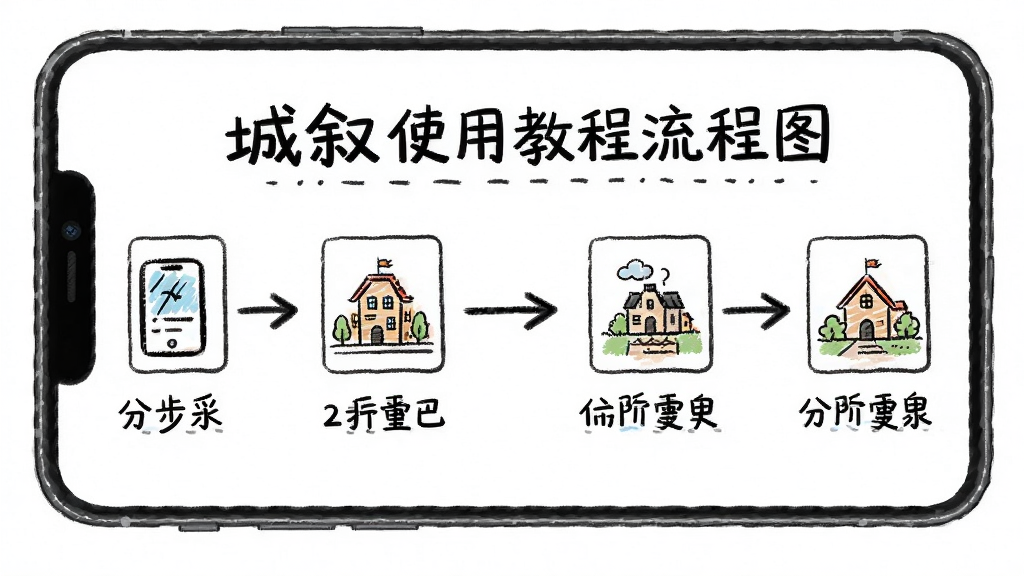 城叙使用教程流程图,手机操作步骤示意,主体为分步图例,布局横向排列,排版简洁,风格手绘风,细节包括箭头标注,画质清晰,干净无多余元素