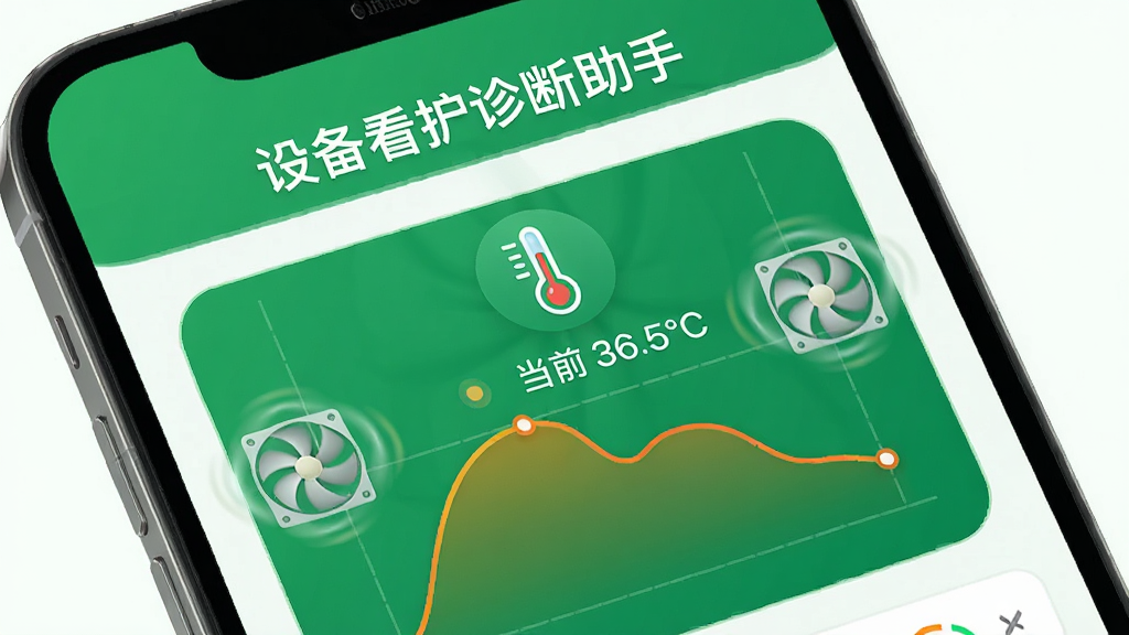 设备看护诊断助手温度监控界面,手机屏幕显示温度曲线图,当前温度36.5°C,绿色背景,图标为温度计,周围有散热风扇动画,界面简洁,突出“设备看护诊断助手”名称,画质清晰干净。