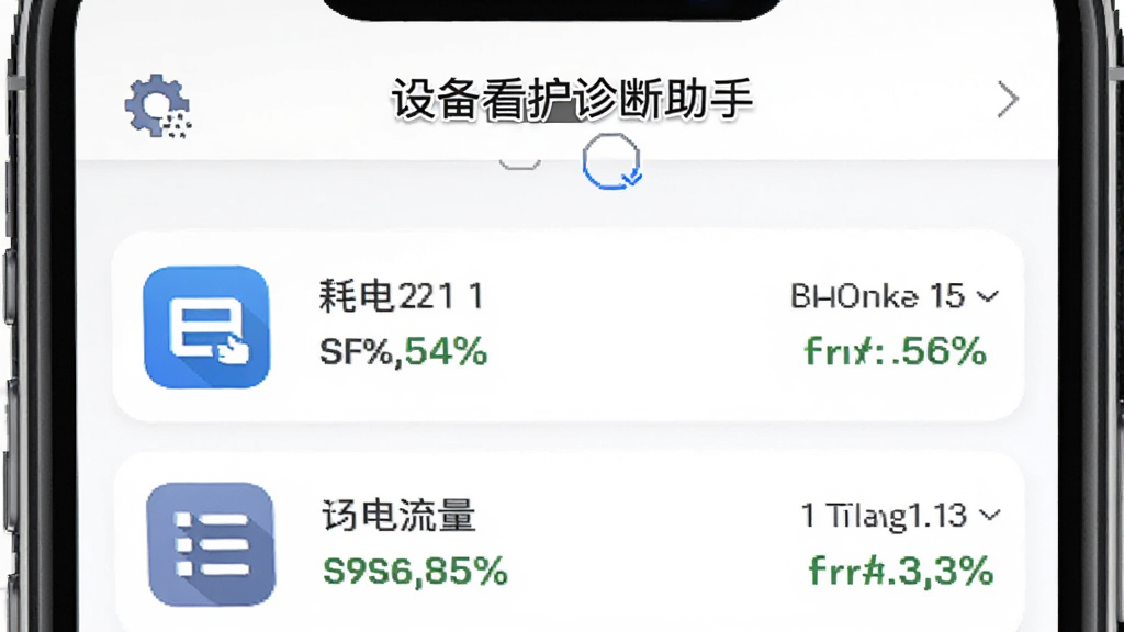 设备看护诊断助手应用管理功能预览,手机屏幕显示应用列表,每个应用旁标注耗电百分比和流量使用量,顶部有排序选项,背景为白色,图标为齿轮和列表,界面清晰,带有“设备看护诊断助手”标识,画质干净。