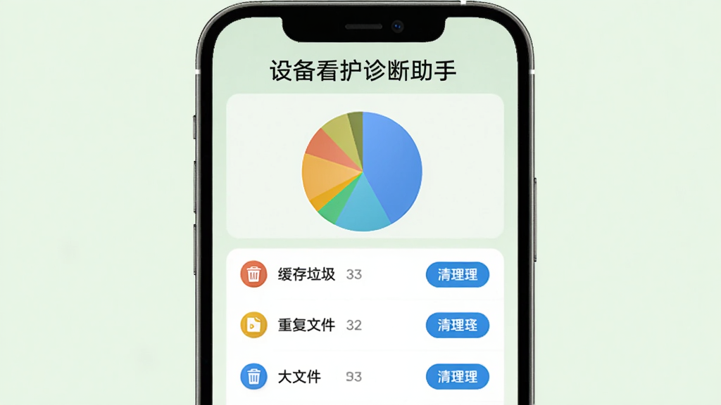 设备看护诊断助手存储清理界面,手机屏幕显示存储空间饼图,下方列出缓存垃圾、重复文件、大文件分类,每个分类后有清理按钮,背景为浅绿色,图标为垃圾桶和文件,界面简洁,突出“设备看护诊断助手”字样,画质干净。