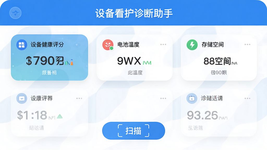 设备看护诊断助手的主界面预览图,展示设备健康评分、电池温度、存储空间等核心指标卡片,整体风格简洁清新,采用蓝白配色,圆角卡片布局,界面顶部显示“设备看护诊断助手”字样,底部有扫描按钮,画质干净无多余元素。