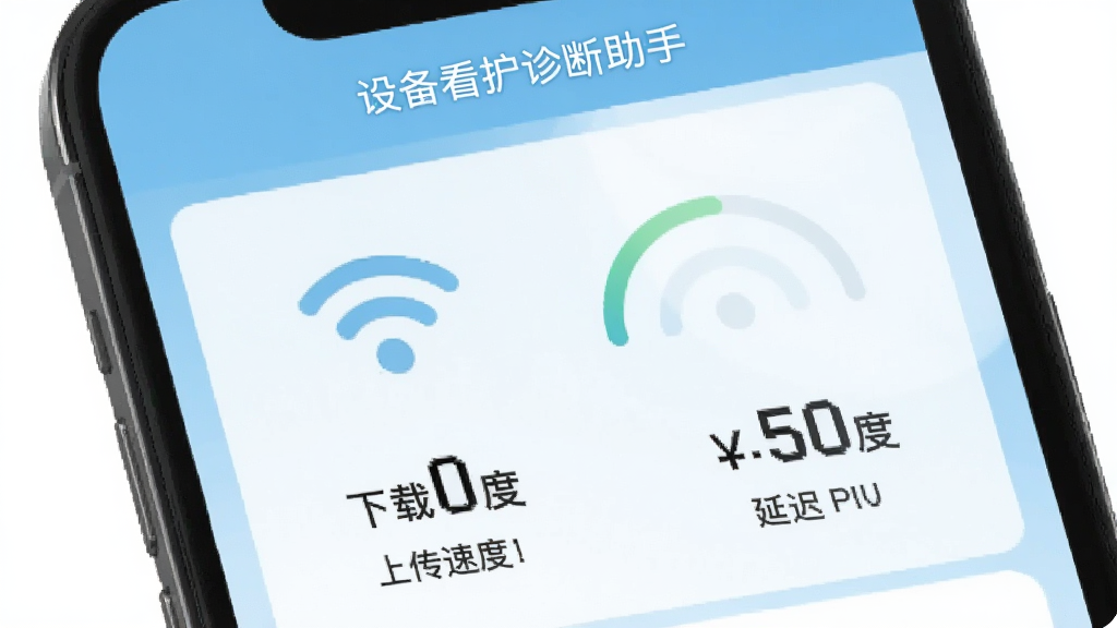 设备看护诊断助手网络诊断页面,手机屏幕显示Wi-Fi信号图标和网络测速结果,包括下载速度、上传速度和延迟数值,背景为浅蓝色,图标为信号波纹,界面清晰,标注“设备看护诊断助手”,画质干净。