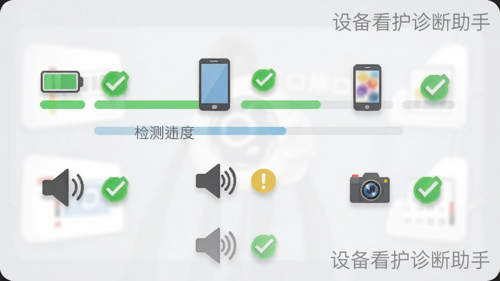 设备看护诊断助手硬件体检功能截图,手机屏幕显示检测进度条和各项硬件图标,包括电池、屏幕、扬声器、摄像头,每个图标旁有绿色对勾或黄色感叹号,背景为浅灰色,突出检测结果,画面干净整洁,带有“设备看护诊断助手”水印。
