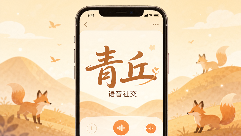 青丘软件主视觉图,展示手机屏幕上的语音聊天界面,界面以暖色调为主,背景有山丘与狐狸剪影,中央是“青丘”二字艺术字,下方有“语音社交”小字,整体风格柔和梦幻,插画风格,高清画质,干净无多余元素
