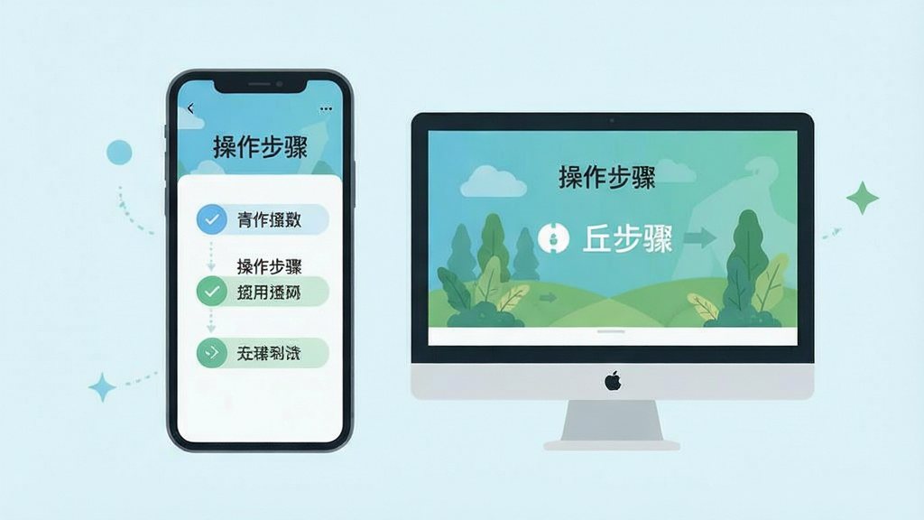 青丘使用教程示意图,手机与电脑并排展示,屏幕上有“操作步骤”文字,背景简洁,扁平化风格,色调清爽,画质清晰,无多余元素