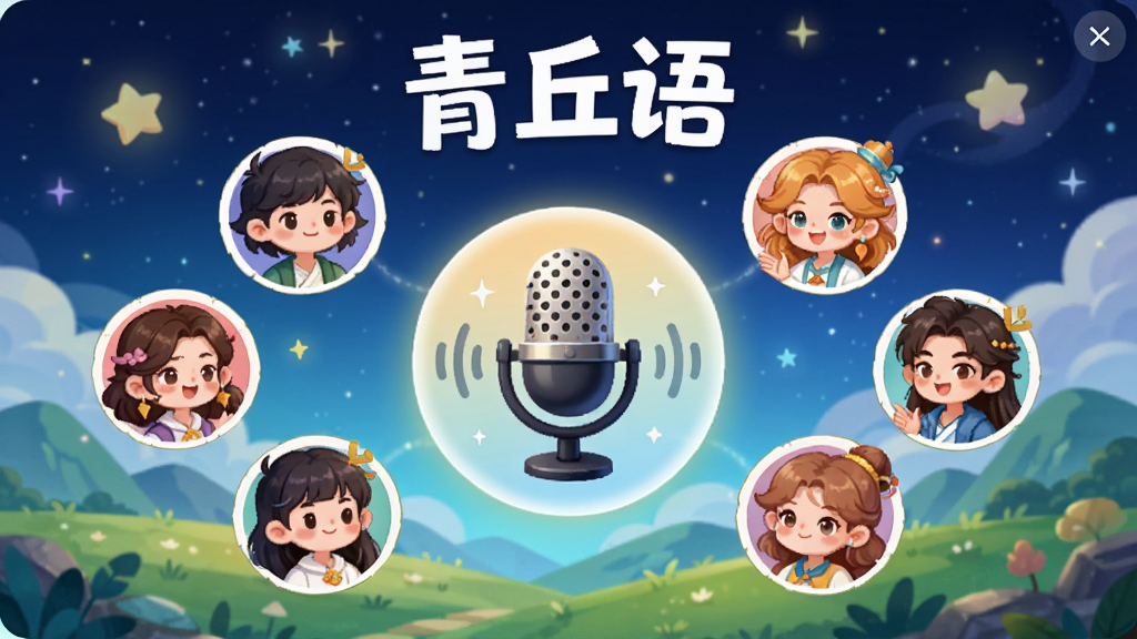 青丘语音房界面,多个卡通头像围绕一个麦克风图标,背景是星空与山丘,界面显示“青丘语”字样,布局清晰,色彩明亮,插画风格,细节丰富,画质清晰,无多余元素
