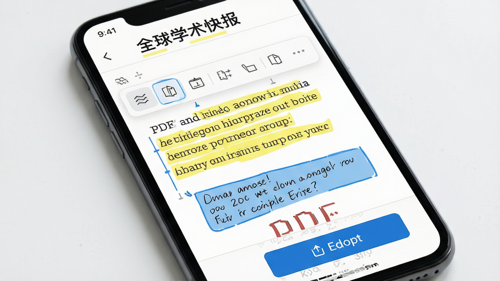 ���壺һ�������ֻ�����ȫ��ѧ���챨��չʾһƪPDF���׵ı�עҳ�档���֣���Ļ����ʾ��������ע���������·��е�����ť���Ű棺UI������������ע��ɫ��Ŀ����������࣬ǳɫ������ϸ�ڣ���Ļ�пɼ���ɫ�����������ɫ��ע�򣬶�����ʾ���ױ��⡣���ʣ����壬�ɾ����޶���Ԫ�ء�
