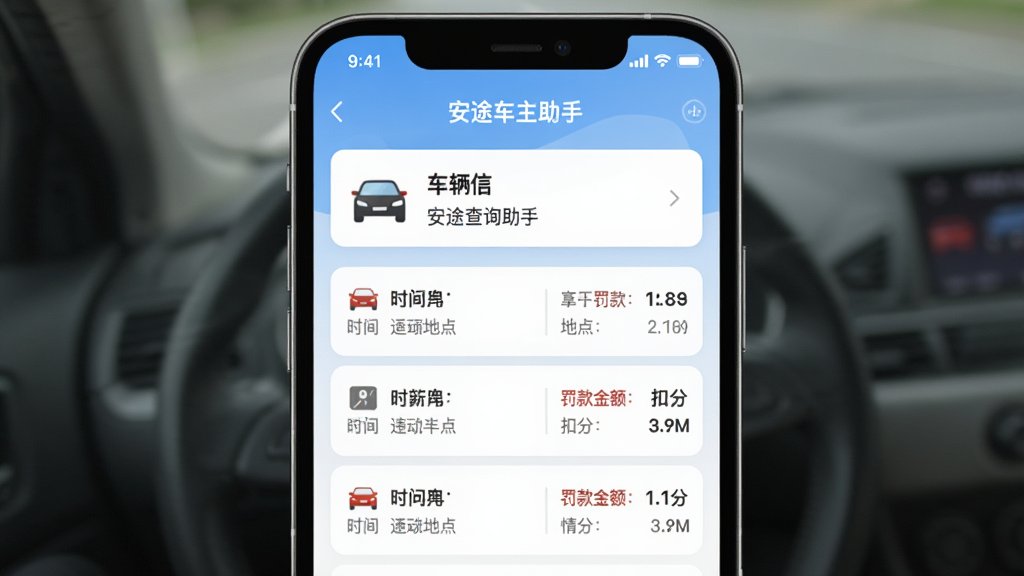 ��������Ϊ�ֻ�APP��ͼ��չʾ����;�������֡�Υ�²�ѯ���ҳ�棬�Ϸ�Ϊ������ϢժҪ���·�ΪΥ���б���ÿ��Υ�°���ʱ�䡢�ص㡢������۷����������Ϊǳ��ɫ���䣬��������������ƽ����ƣ�ϸ�ڷḻ�����ʸɾ����޶���Ԫ�ء�