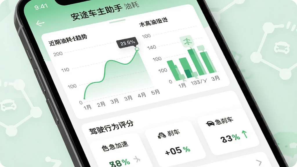 ��������Ϊ�ֻ�APP���棬չʾ����;�������֡��ͺ�ͳ��ҳ�棬������ͼ����״ͼչʾ�����ͺı仯���ƣ��·�Ϊ��ʻ��Ϊ���ֿ�Ƭ�����������١���ɲ����ָ�꣬����Ϊ��ɫ��ǳ��ɫ���䣬ͼ�������������ƽ����ƣ�ϸ�ڷḻ�����ʸɾ����޶���Ԫ�ء�