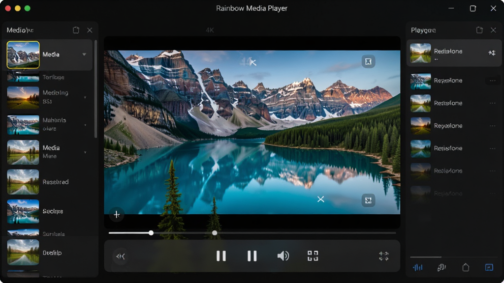 һ��չʾ�Ӳ����磨Rainbow Media Player��������ĸ���ͼƬ���������������ڲ��ŵ�4K��Ȼ�����Ƶ��ɫ�����ޣ��·��ǰ�͸���Ŀ���������������/��ͣ��������ȫ����ͼ�꣬�����ý����б����Ҳ��ǲ��Ŷ��У����������ɫ���⣬�������ִ�������ϸ�壬�ɾ��޶���Ԫ��