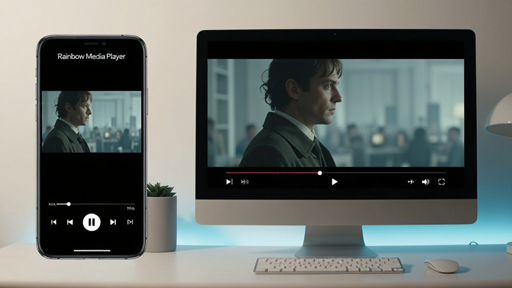 һ��չʾ�Ӳ����磨Rainbow Media Player�����ֻ��͵�����ͬ��ʹ�õĳ���ͼ��������ֻ����Ž��棬�Ҳ��ǵ�����ʾ�����Ž��棬������ʾͬһ����Ӱ���棬�������࣬������ͣ�ͻ�����豸�����������������ɾ��޶���Ԫ��