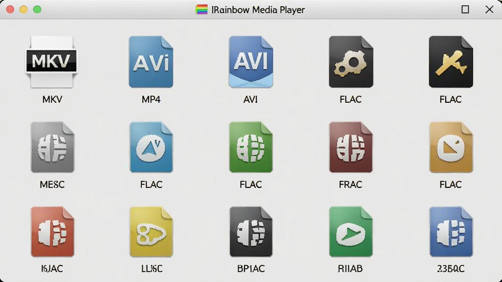 һ���Ӳ����磨Rainbow Media Player�����Ŷ��ָ�ʽ�ļ��Ľ����ͼ�������������Ų�ͬ��ʽ��ͼ�꣬��MKV��MP4��AVI��FLAC�ȣ�ÿ��ͼ���·��ж�Ӧ���ļ���������Ϊǳ��ɫ���������࣬ͻ����ʽ���ݵĶ����ԣ������������ɾ��޶���Ԫ��
