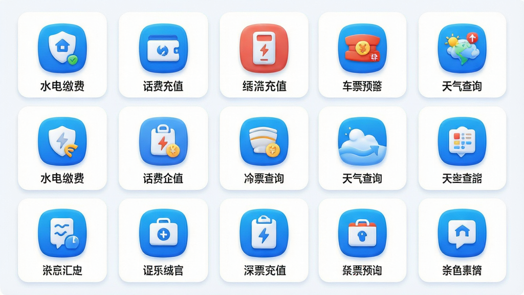���壺�ۺû�APP���ܾۺ�ҳ�棬չʾ����������ͼ�꣬����ˮ��ɷѡ����ѳ�ֵ����ƱԤ����������ѯ�ȣ����֣��Ź������У�ͼ�����룬����Ϊ��ɫ��Ƭʽ��ƣ��Ű棺ÿ��ͼ���·������������ֱ�ǩ���������룻������¼���UI��Ʒ����ɫ������Ϊ����ϸ�ڣ�ͼ�������ǿ����ǩ�����������������ɾ���ˬ�����ʣ��߷ֱ��ʣ�ɫ�ʱ��Ͷȸߣ��ɾ����޶���Ԫ��