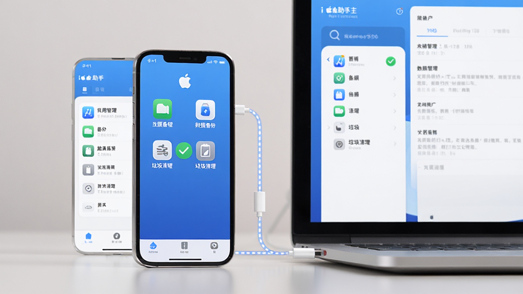 ��������Ϊһ��iPhone�ֻ���һ̨���Բ��Űڷţ��ֻ���Ļ��ʾiƻ�����������棬��������չʾӦ�ù��������ݱ��ݡ�����������ͼ�ꣻ���ֲ������ҷ����ṹ�����Ϊ�����б����Ҳ�Ϊ��ϸ������壻������Ϊ�ִ���ƽ����ƣ���ɫ��Ϊ��ɫ���ɫ������ɾ����ࣻϸ����ͻ�����ӳɹ�����ɫ�Թ���ʶ���ֻ������֮����һ���������������ӣ���ʾ�޷�ͬ�������ʸ��壬������ͣ��޶�������Ԫ�ء�