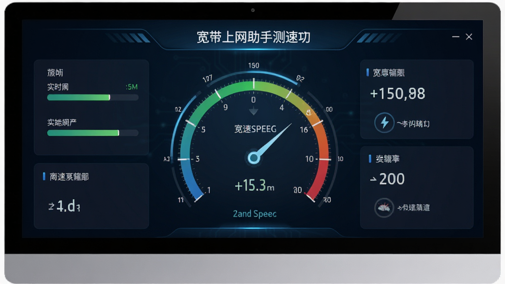 宽带上网助手测速功能截图,主体为电脑屏幕上的测速仪表盘界面,显示实时网速数据,布局居中,排版清晰,风格科技感,细节包括进度条和数值,画质高清,干净无多余元素
