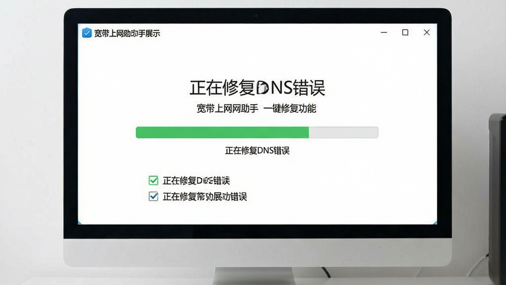 宽带上网助手一键修复功能展示,主体为修复进度界面,显示“正在修复DNS错误”等提示,布局简洁,排版直观,风格清新,细节有勾选清单,画质高清,干净无多余元素