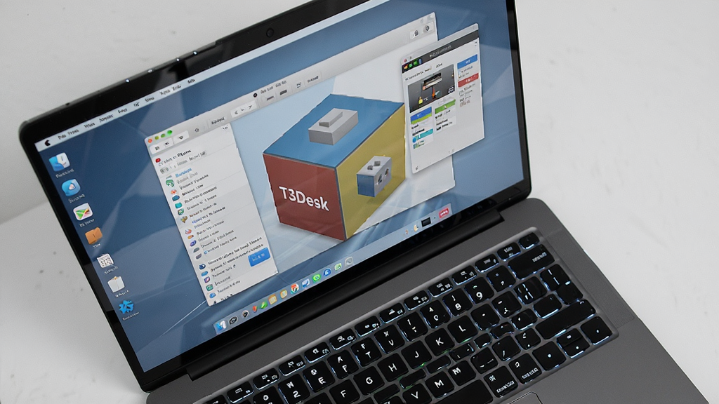 T3Desk�����ڱʼǱ����������е�ʵ�ĳ���ͼ����Ļ����ʾһ������������ڵ�3D�����壬����Ϊ�ʼǱ�����Ļ�е�3D���棬����Ϊ���ӽǶȣ��Ű�ͻ���ʼǱ����̺���Ļ���ݣ����дʵ��ϸ�ڰ�����Ļ����ͼ��̱��⣬���ʸ��壬�ɾ��޶���Ԫ��