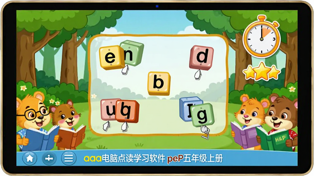 չʾaaa���Ե��ѧϰ����pep���꼶�ϲ��Ȥζ��ϰ���棬��Ļ�ϳ���һ��ƴд��Ϸ��������ĸ��ɢ�䣬ѧ����Ҫ�϶���ĸ�����ȷ���ʣ��Ա��м�ʱ���͵÷����ǣ������ǿ�ͨɭ�ֳ�����С�����������鱾Χ�ۣ�����ɫ�����ޣ����ʿ�ͨ����������ơ�aaa���Ե��ѧϰ����pep���꼶�ϲᡱ�����ڵײ�������