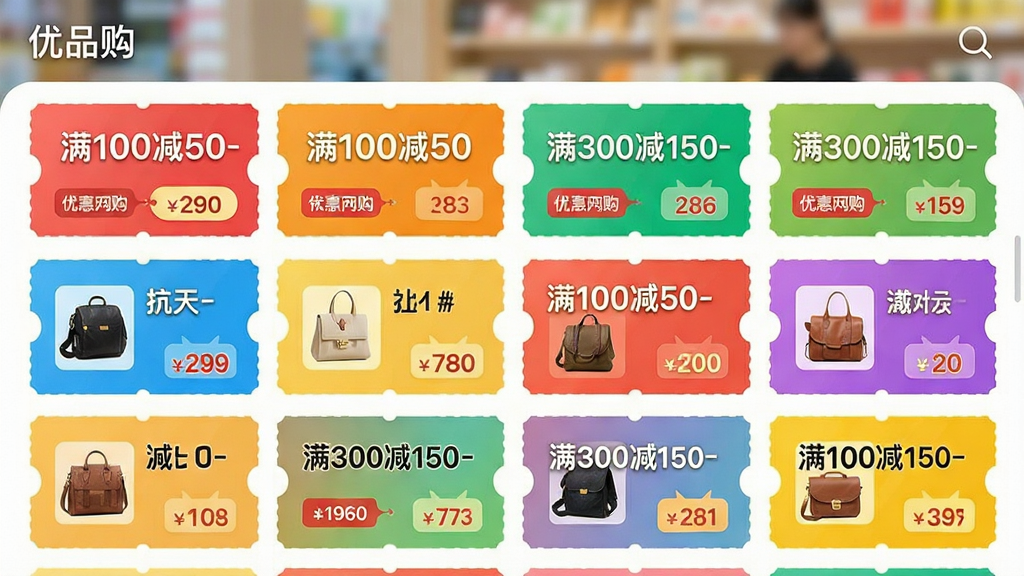 �����ǡ���Ʒ����APP���Ż�ȯ�б�ҳ���ͼ��ƽ��չʾ����ɫ�����޵������Ż�ȯ��Ƭ��ÿ�ſ�Ƭ��������ע�š���100��50��������300��150������������Ʒ����ͼ��۸�Աȱ�ǩ��׺��䡣���ֲ���������������У������黯��ͻ���Ż�ȯ���塣����������ã�ϸ�ھ��£������������ɾ��޶���Ԫ�ء�
