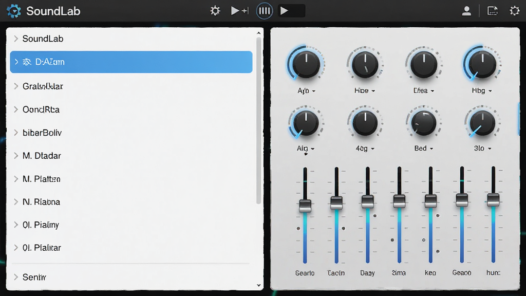 չʾSoundLab ����ʵ������Ч������ͼƬ����������г�������Ч�����б����Ҳ���ʾ����������壬�ж����ť�ͻ��飬���Ƽ��У��������������ʸɾ����޶���Ԫ��