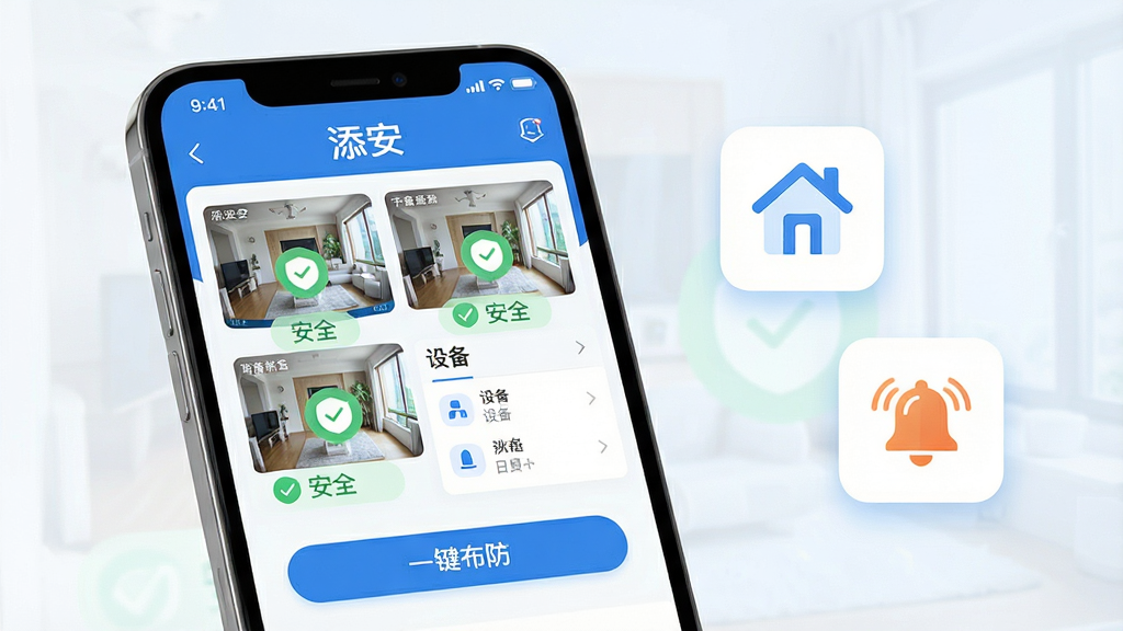 ���壺һ�������ֻ���Ļ��ʾ����APP�������棬�������ж����ػ�������ͼ����ɫ����ȫ��״̬��ʶ�����֣��ֻ�����ƫ���Ҳ������ż�ͥ��ȫͼ���뾯ʾ����ͼ�ꡣ�Ű棺�ֻ���Ļ�ڵĽ��������ɼ�������ͼ���������룬�����С�������Ʒ������������ִ���ƽ����ƣ�ɫ������ɫ�Ͱ�ɫΪ�������䵭��ɫ��ȫ��ʾ��ϸ�ڣ���Ļ�����������ͷʵʱԤ�����豸�б���һ��������ť�����ʣ�������Ⱦ���ɾ��������޶���Ԫ�ء�