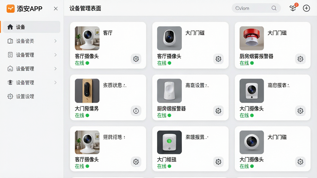 ���壺����APP���豸�������棬��ʾ�������ͷ�ʹ�������Ƭ��ÿ����Ƭ�����豸���ƺ�����״̬�����֣�����������񲼾֣����Ϊ�豸�����������Ҳ�Ϊ�豸��Ƭ�б����Ű棺ÿ���豸��Ƭ��������ͼ���豸���ơ�״ָ̬ʾ�ƺ����ð�ť����񣺼�������񣬱���Ϊǳ��ɫ����ƬΪ��ɫԲ�Ǿ��Ρ�ϸ�ڣ���Ƭ���С���������ͷ�����������Ŵš����������������������ȱ�ǩ������ʾ�����ߡ���ɫ��ʶ�����ʣ����壬ϸ�ڷḻ������ɾ������ࡣ