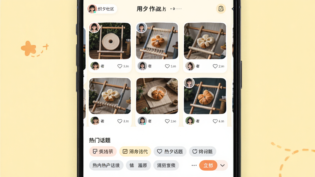 ���壺֯Ϧ����ҳ��չʾ���������û���Ʒ�ٲ������·������Ż����ǩ�����֣��ֻ���Ļ���У�����Ϊ����ɫ��Ӫ����ܰ������Χ���Ű棺��Ʒ��Ƭ����Բ����ƣ�ÿ����Ƭ��ʾ����ͷ����Ʒ����ͼ�͵�����������罻App���ɫ�ʻ��ã�����Ԫ�����ԡ�ϸ�ڣ�ͼƬ���������ݽ����������޶���������ʣ����壬ɫ����Ȼ��