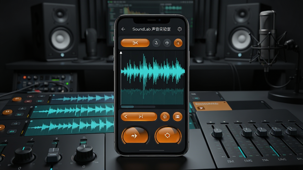 ���壺SoundLab ����ʵ������������չʾ���ֻ���Ļ����ʾ���α༭ҳ�棬��Χ�ж������͵���̨��ť�����֣��ֻ����У���Ļ���������ɼ�������Ϊ���ɫ�����һ����������м����������˷硣�Ű棺���������ɫ���⣬����Ϊ����ɫ����ťΪ��ɫ�����ֽ��պ�������񣺿Ƽ������ִ��н�ϣ���Ӱ�Ա�ǿ�ҡ�ϸ�ڣ�����ϸ�ڷḻ����ť�й��󣬽������֡�SoundLab ����ʵ���ҡ����������ʣ�8K�����壬�ɾ����޶���Ԫ�ء�