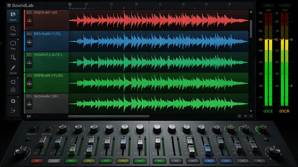 ���壺SoundLab ����ʵ���Ҷ��������棬��ʾ������ɫ���첨�Σ��ײ��л�������̨�����֣�������ϵ������У�����̨�ڵײ�������й��������Ҳ�Ϊ��ƽ�����Ű棺������ɫ���ޣ��졢�����̣�������̨��ť�������룬��ƽ����̬��ʾ�����רҵ¼�����񣬱�����ɫ���ƹ�۽���ϸ�ڣ����α�Ե����������̨��ť�н����ʸУ���ƽ������ɫ/��ɫ/��ɫ���䡣���ʣ����壬�ɾ����޶���Ԫ�ء�