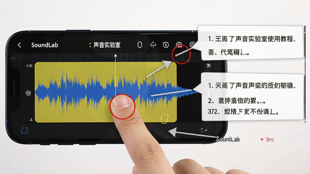 ���壺SoundLab ����ʵ����ʹ�ý̳̽�ͼ���ֻ���Ļ��ʾ�༭���棬��ָ�����϶����Ρ����֣��ֻ�����չʾ���Ҳ�������˵���򣬱�ע����Ҫ�㡣�Ű棺��������������Ϊ��ɫ����������Ϊ��ɫ��˵����Ϊ��ɫ�׺��֡���񣺽�ѧ��񣬼��������ϸ�ڣ���ָ���λ���к�ɫԲȦ��ǣ�˵�����м�ͷָ�����Ԫ�ء����ʣ����壬�ɾ����޶���Ԫ�ء�