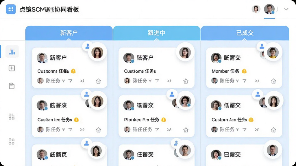 չʾ�㾵SCRMϵͳ����Эͬ������棬����ͻ���Ƭ������Ӿ���У������н׶α�ǩ���¿ͻ��������С��ѳɽ�������Աͷ������������ͼ�������ڿ�Ƭ�ϣ��������ǳ�����ɫ��ɫ��Բ�ǿ�Ƭ��ƣ���ƽ�����ϸ���������ɾ��޶���Ԫ�أ����ʸ�