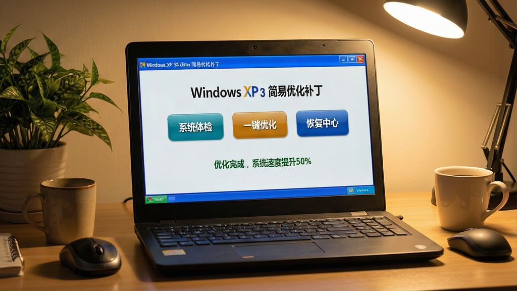 ���壺һ̨�ʼǱ����ԣ���Ļ��ʾ��Windows XP SP3 �����Ż������������棬�������С�ϵͳ��족����һ���Ż��������ָ����ġ�������ť���·���ʾ���Ż���ɣ�ϵͳ�ٶ�����50%�������֣�����б�������棬��Ļ���泯����ߣ���Χ����ꡢ���ȱ���С������Ű棺������������ť��Ŀ�����дʵ��Ƭ���ůɫ���ƹ⣻ϸ�ڣ���Ļ�ϵ����������ɶ��������Ա�����ɫֲ����Ϊ��׺�����ʣ����壬ϸ�ڷḻ���ɾ��޶���Ԫ�ء�
