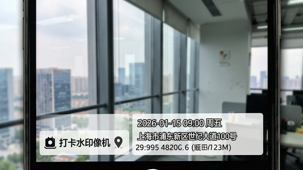 ���壺һ���ֻ���Ļ��д����ʾ��ˮӡ�����������ţ�ˮӡ��������ע�š�2026-01-15 09:00 ���塱�Լ����Ϻ����ֶ��������ʹ��100�š�����������γ�����ꡣ���֣�����ռ�ݻ������壬ˮӡ����λ����Ƭ�ײ���������������ơ���ˮӡ������Ͷ�λͼ�ꡣ�Ű棺ˮӡ���ֲ��ú��壬��ɫ��͸��������ͻ���ɶ��ԡ����дʵ�����񣬱���Ϊ�칫�Ҵ��⾰��ϸ�ڣ�ˮӡ�е����ڡ�ʱ�䡢�ص㡢��γ�Ⱦ������ɼ�����Ƭ��������΢��Ӱ��ǿ�ʸС����ʣ�������Ⱦ���ɾ��޶���Ԫ�ء�